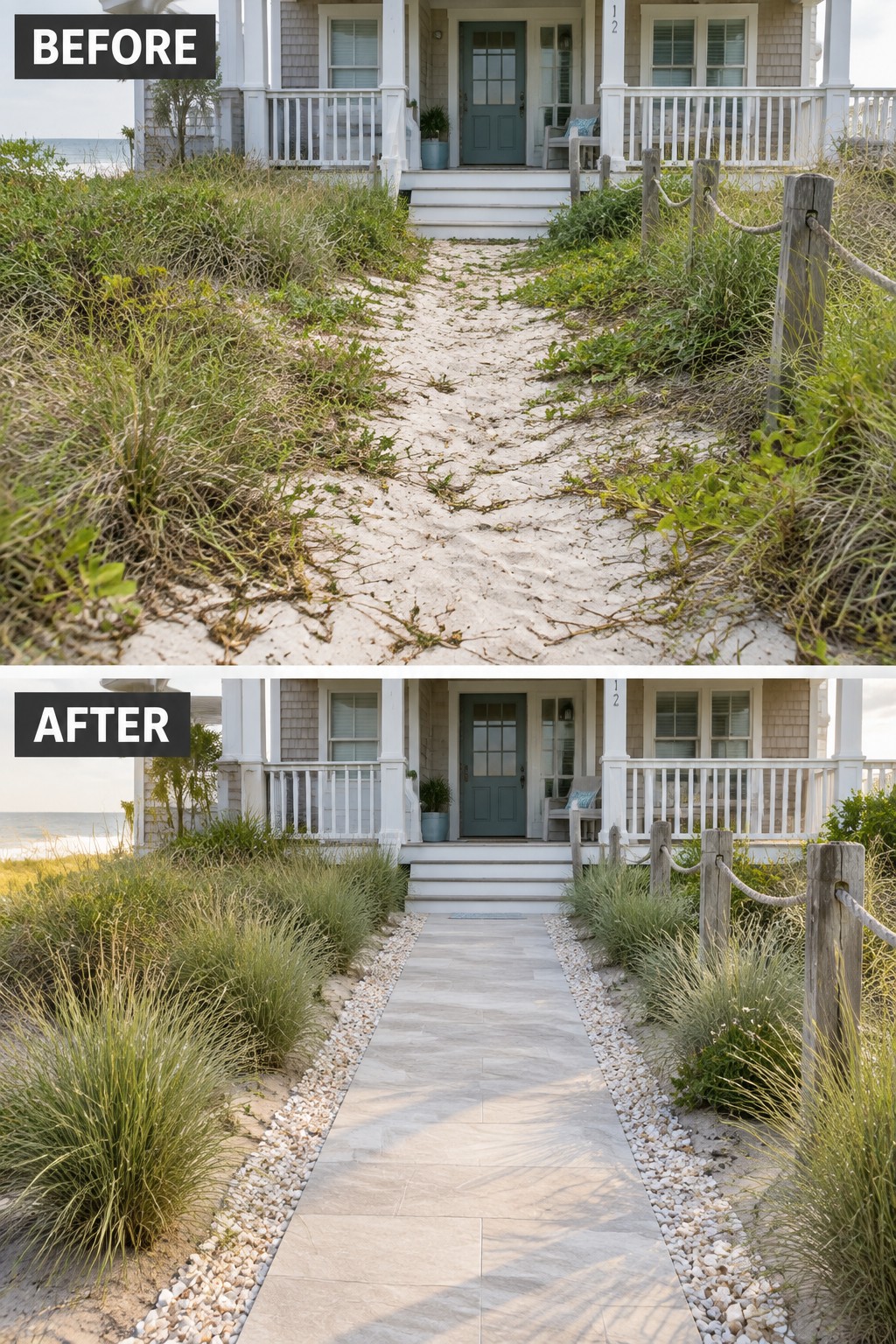 Before sandy overgrown path and after stone walkway to beach house porch
