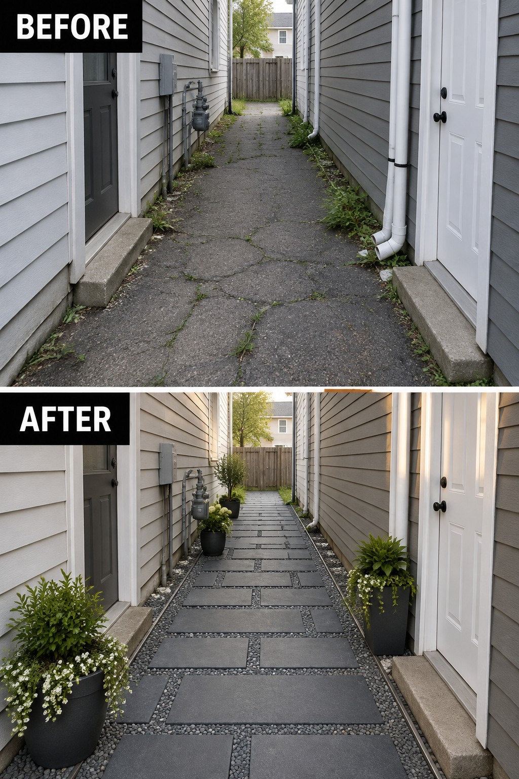 Before-and-after image of a cracked asphalt side path changed into a paver walkway with gravel borders and potted plants.