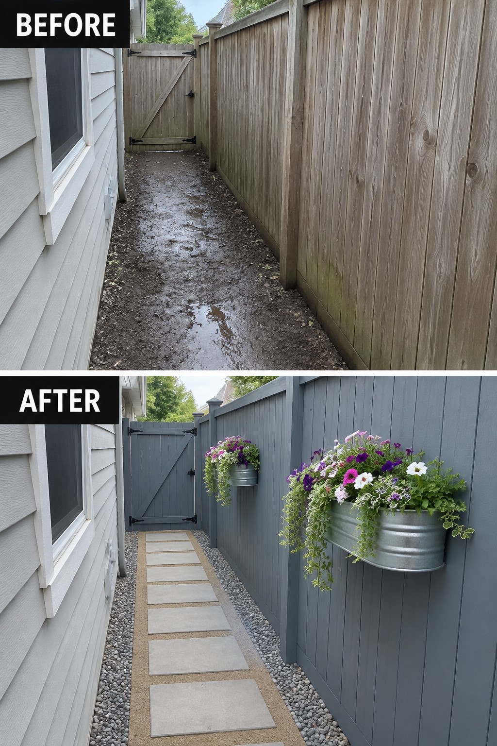 Before muddy path and after with stone walkway, gray fence, and flower planters