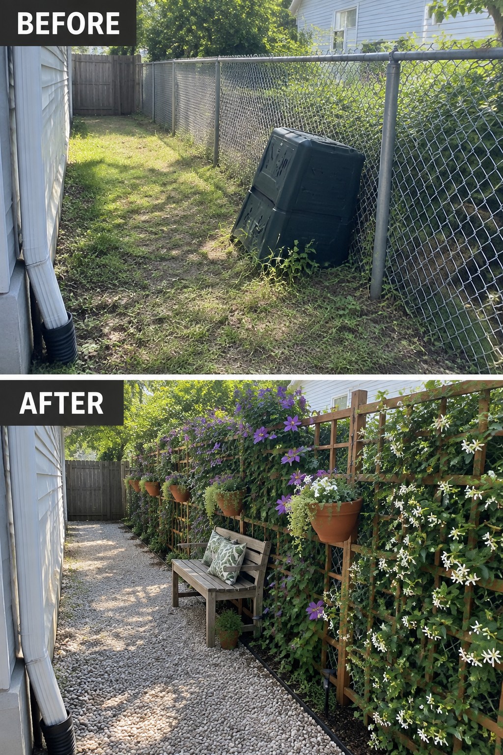 Before-and-after image of an overgrown side yard changed into a structured garden area with a wooden trellis, climbing vines, potted flowers, a gravel path, and a bench.