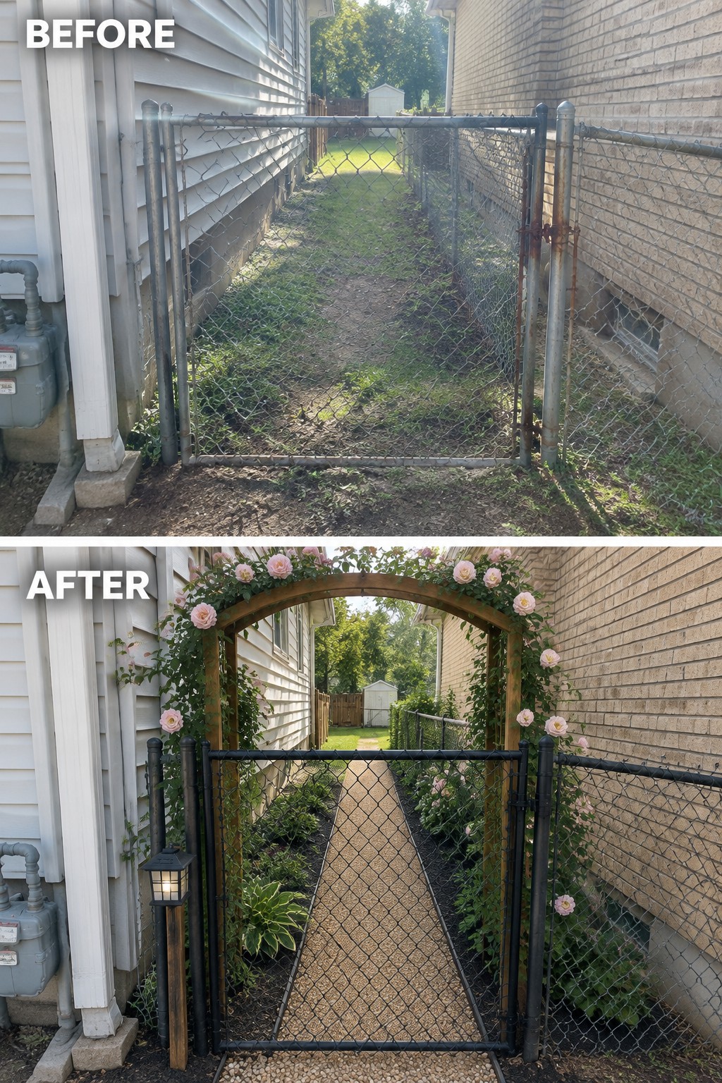 Before and after of chain-link gate transformed with wooden rose-covered arch and gravel path.