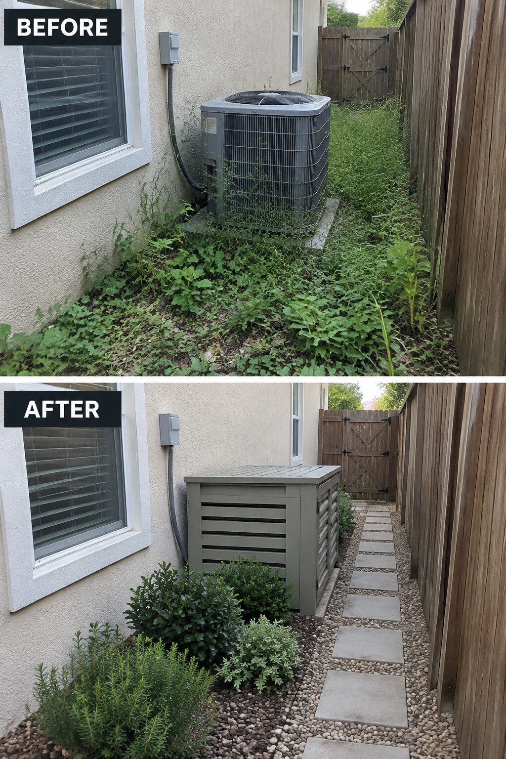 Before-and-after image of an overgrown side yard changed into a clean gravel path with concrete stepping stones and a screened AC enclosure.