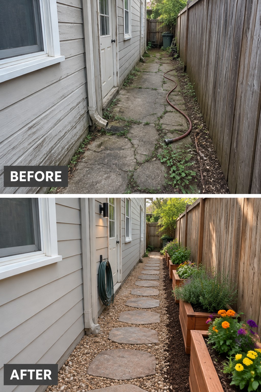 Before-and-after image of a narrow side yard with a cracked concrete path changed to stepping stones in gravel and raised wooden planters with flowers along the fence.