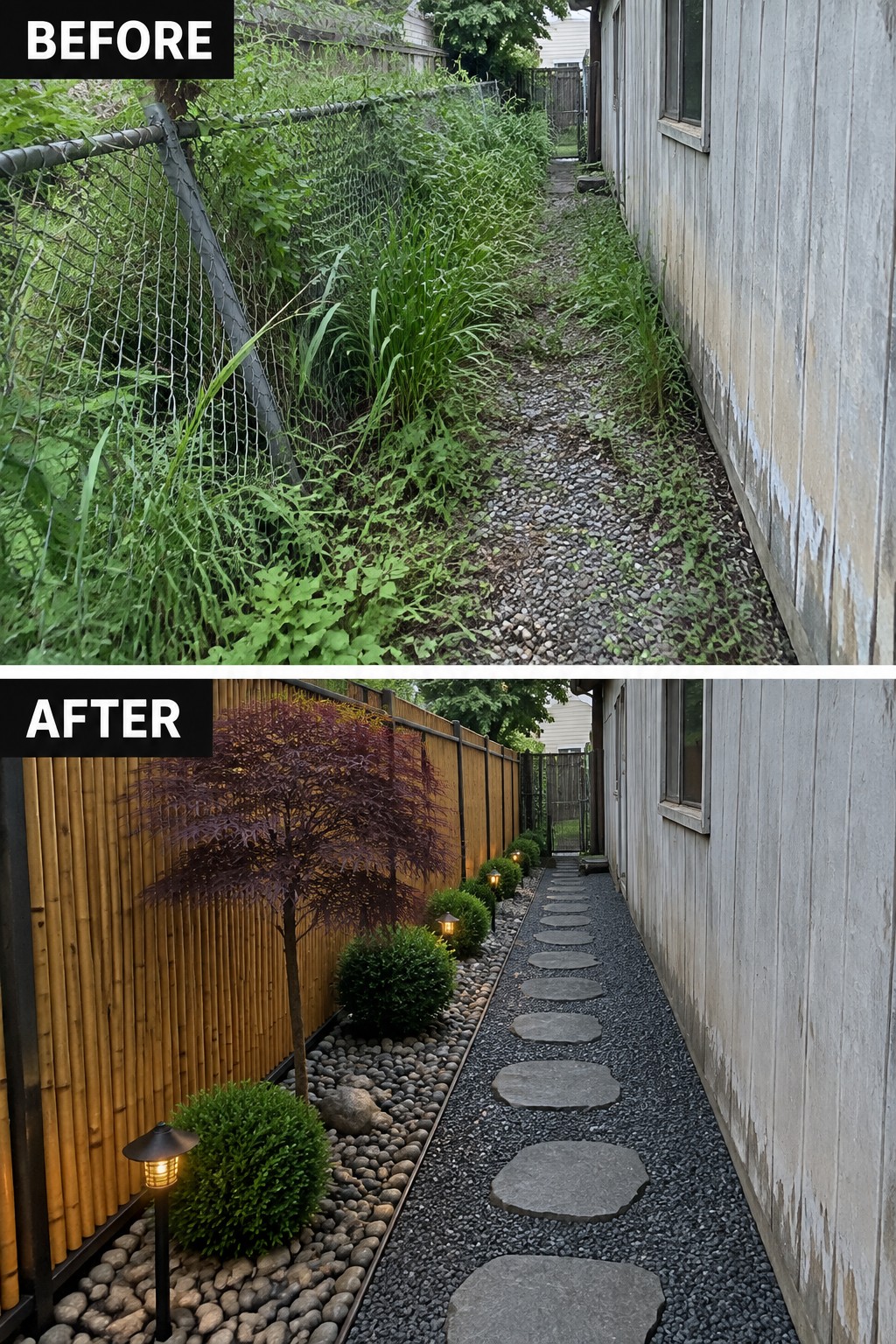Before-and-after image of an overgrown side yard changed into a structured gravel path with stepping stones and planted borders.