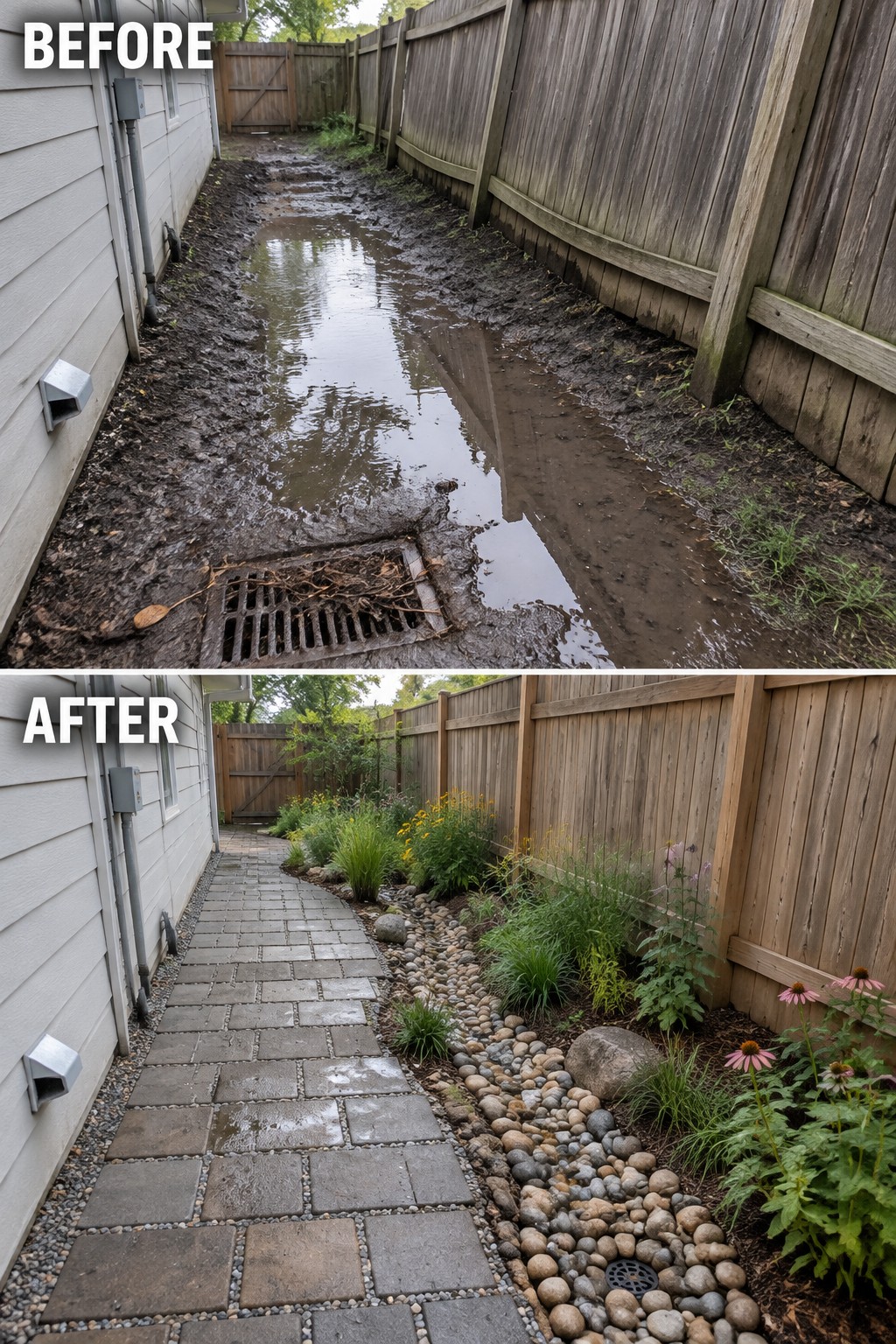 Before-and-after image of a muddy side yard changed into a stone paver path with gravel borders and planted beds.