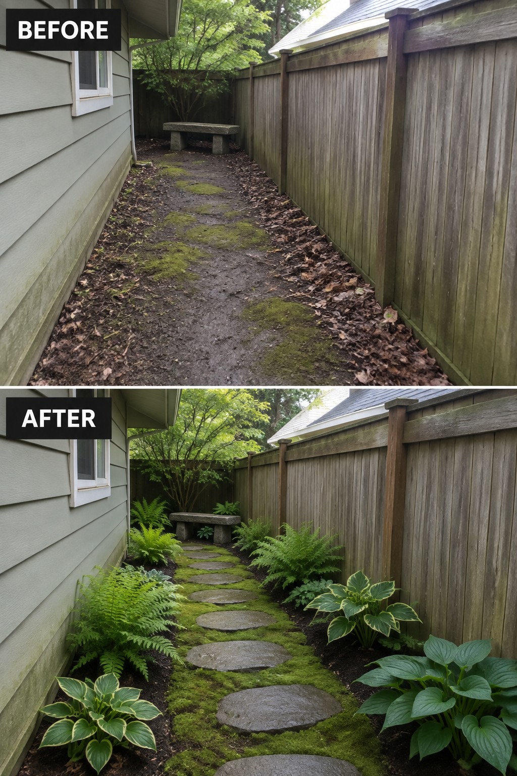 Before and after of backyard path lined with stepping stones, ferns, and hostas