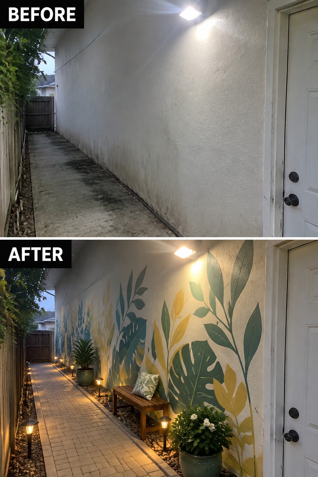 Before-and-after walkway with colorful leaf mural, plants, bench and lights.