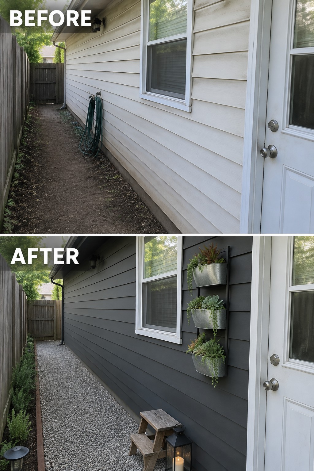 House exterior before and after with dark gray siding, wall planters, and gravel path