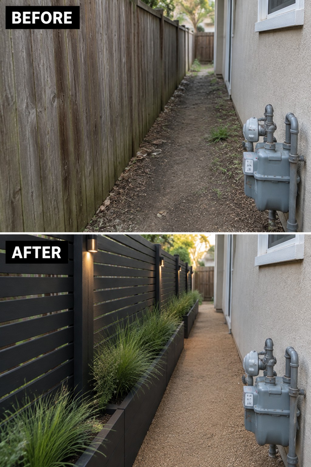 Before and after of narrow path with modern black fence and green planters