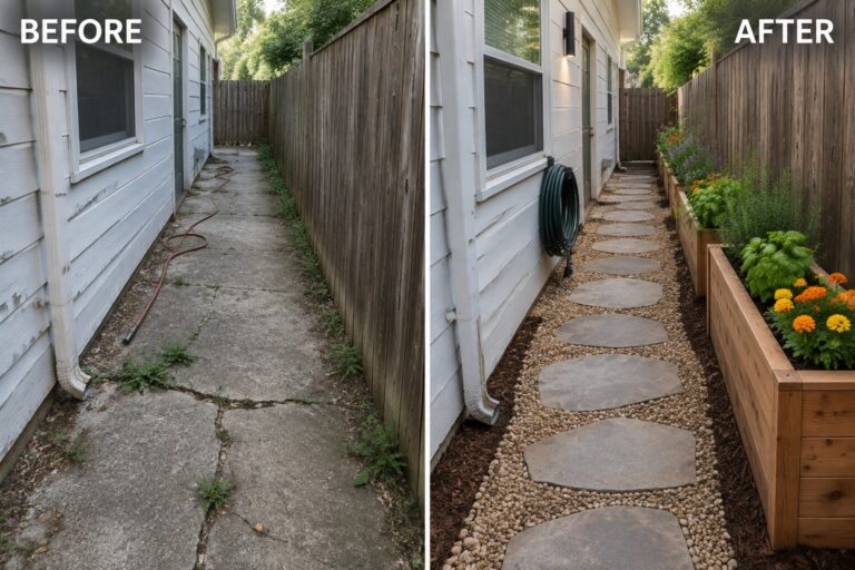 Before-and-after image of a narrow side yard with a cracked concrete path changed to stepping stones in gravel and raised wooden planters with flowers along the fence.