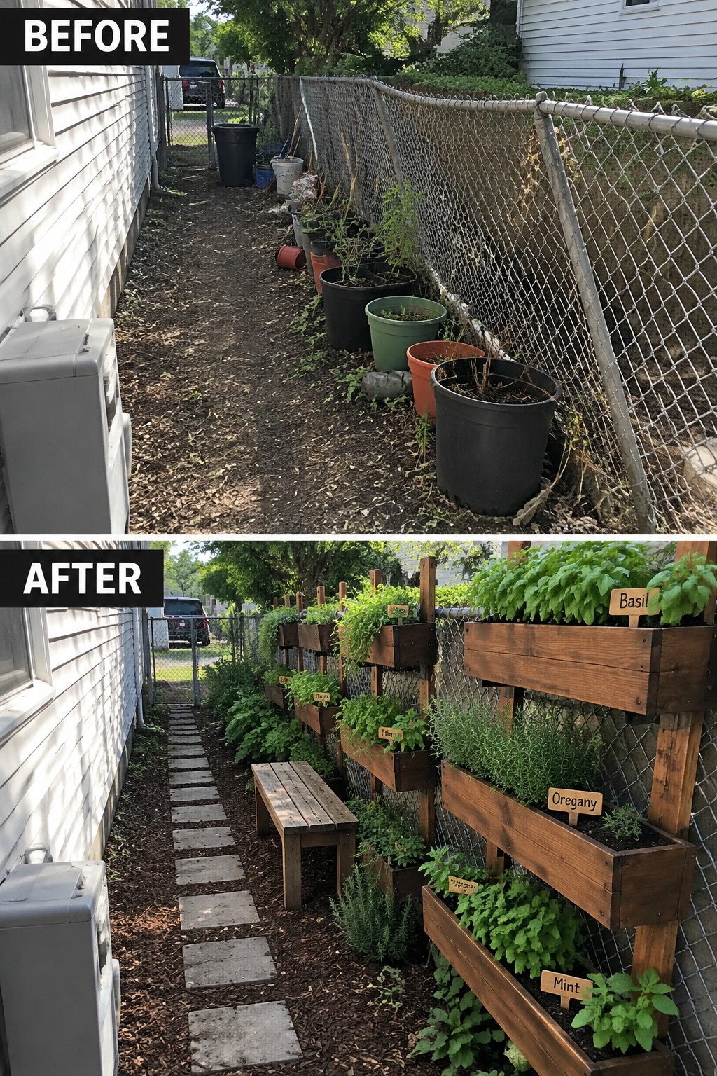 Before-and-after of cluttered yard transformed into organized wooden herb planters along fence.