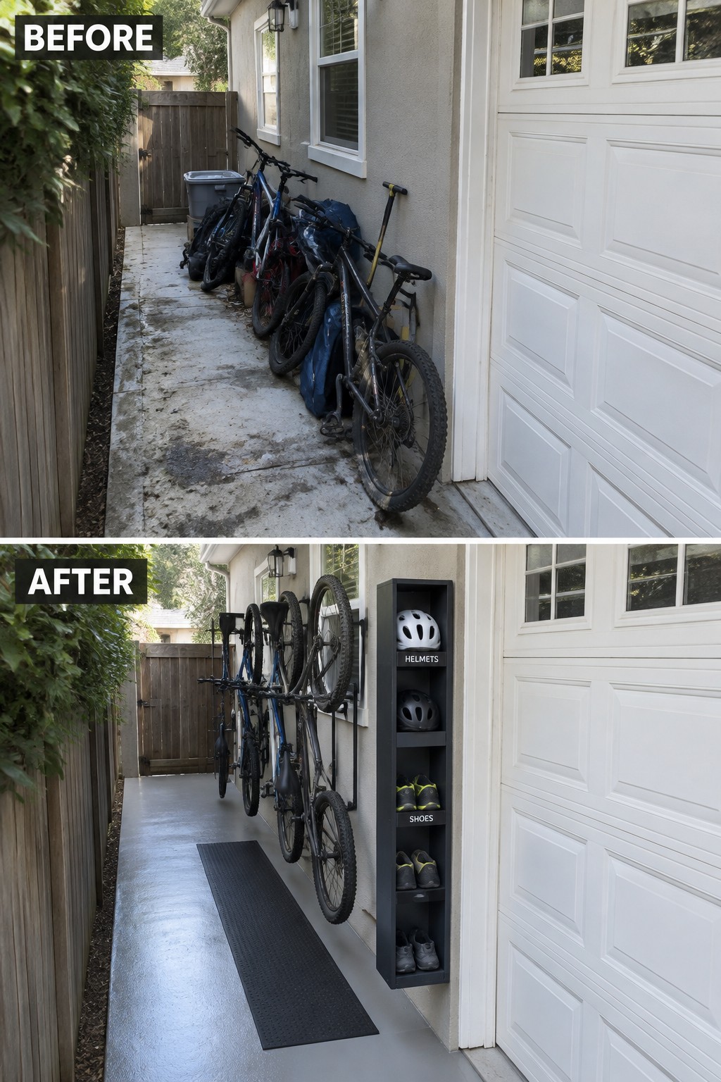 Before-and-after view of cluttered bikes transformed into organized wall-mounted racks with storage.