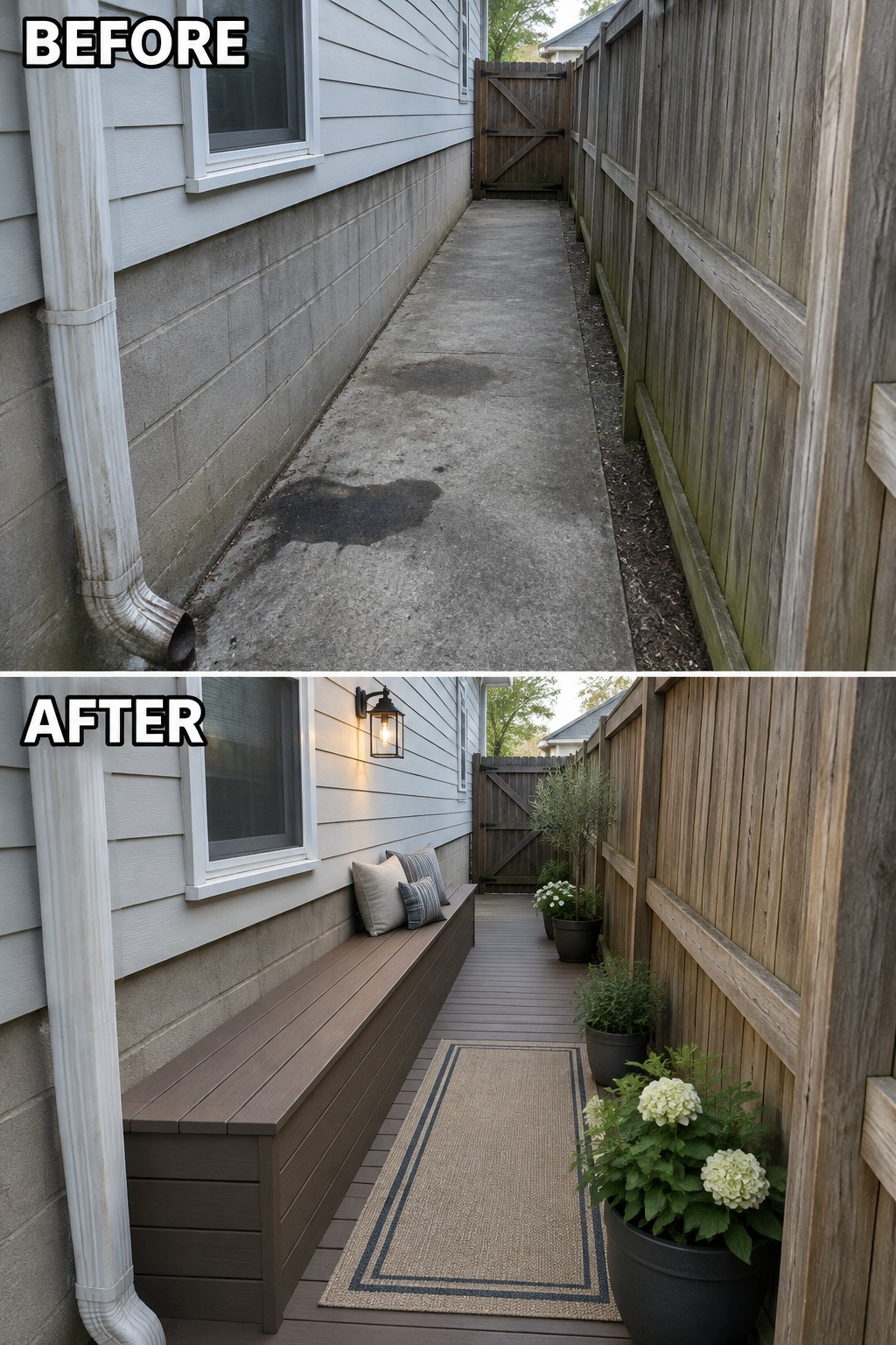 Before and after of concrete alley transformed into deck with bench, rug and plants