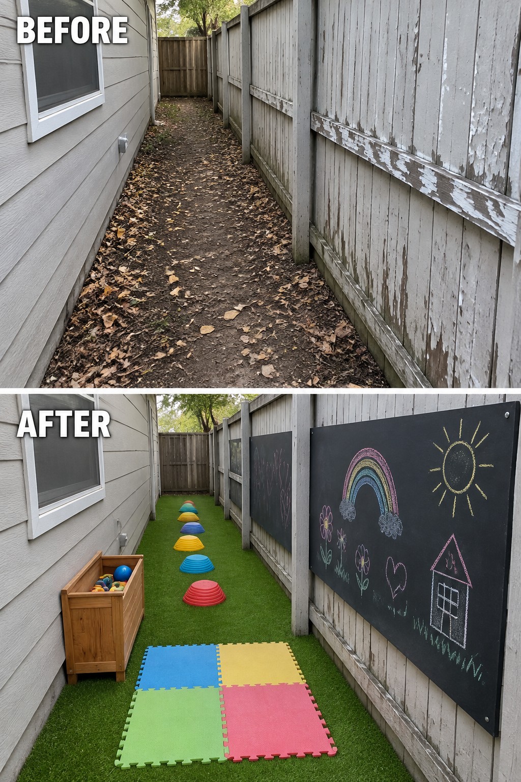 Before-and-after view of narrow yard transformed into colorful kids play space with turf and chalkboard.