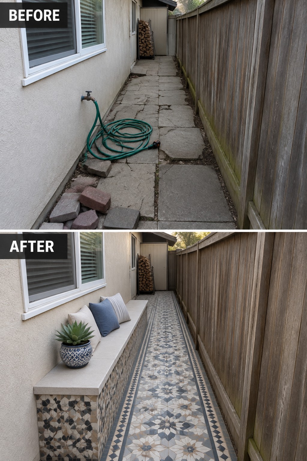 Before-and-after image of a narrow side yard with a cracked concrete path and hose changed into a patterned tile walkway with a built-in bench and potted plant.