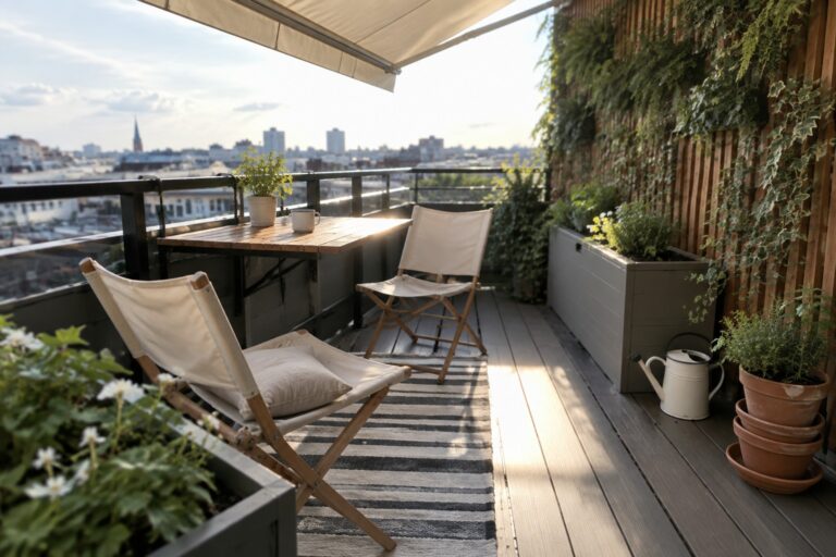 22 Compact Roof Garden Ideas Combining Vertical Planting and Foldable Furniture Balcony with two foldable canvas chairs on a striped rug, a small wooden table, potted herbs, and a tall vertical garden wall.
