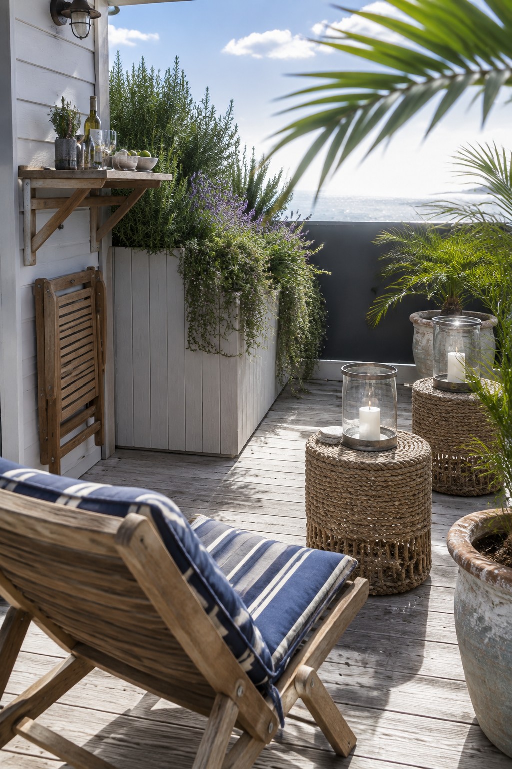 A compact wooden balcony terrace with a foldable deck chair, wall-mounted shelf, tall planters, and woven stools holding candles.