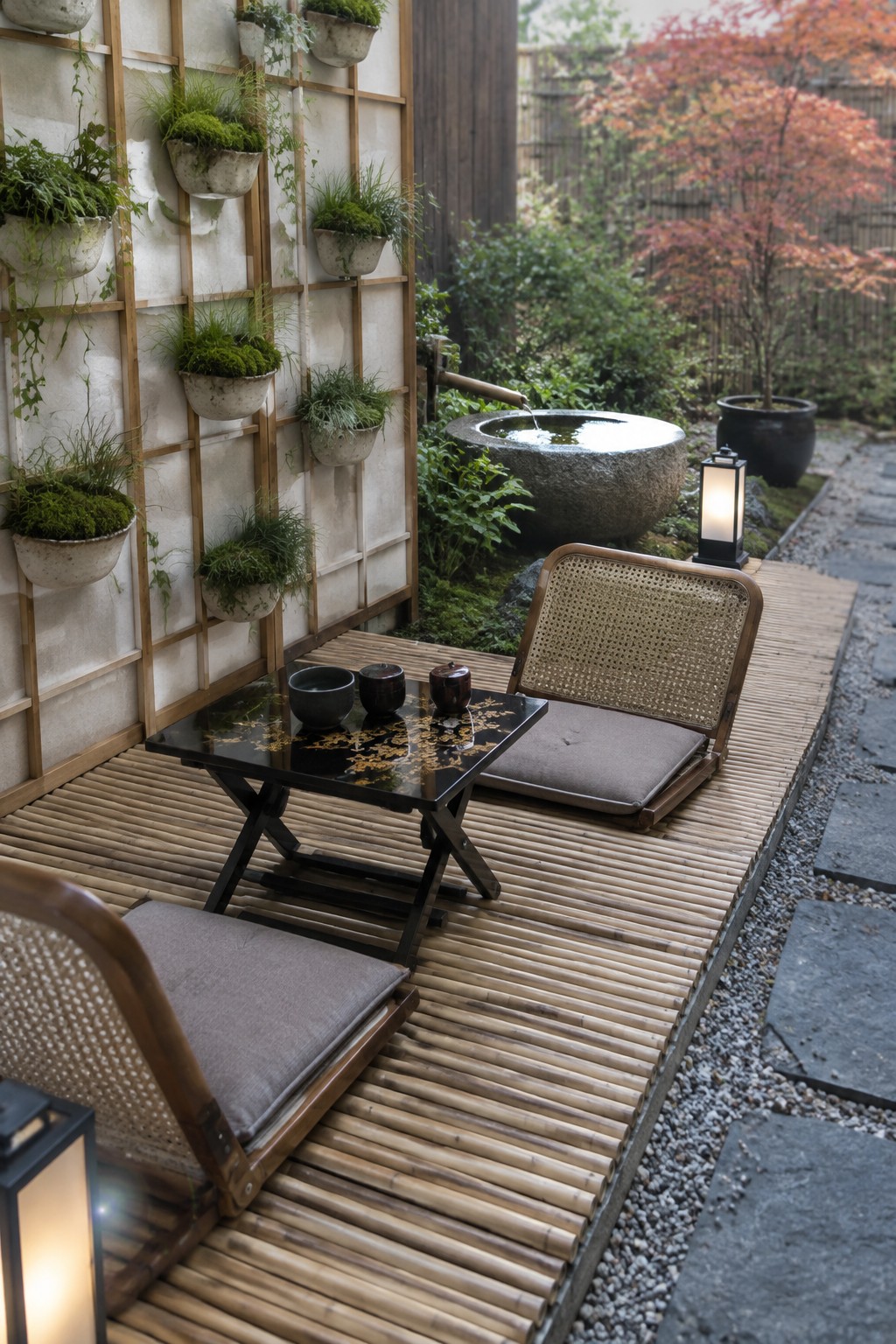 A compact outdoor patio with bamboo flooring, two foldable low chairs, a small black table, and a wall covered in hanging plant pots beside a stone water basin.