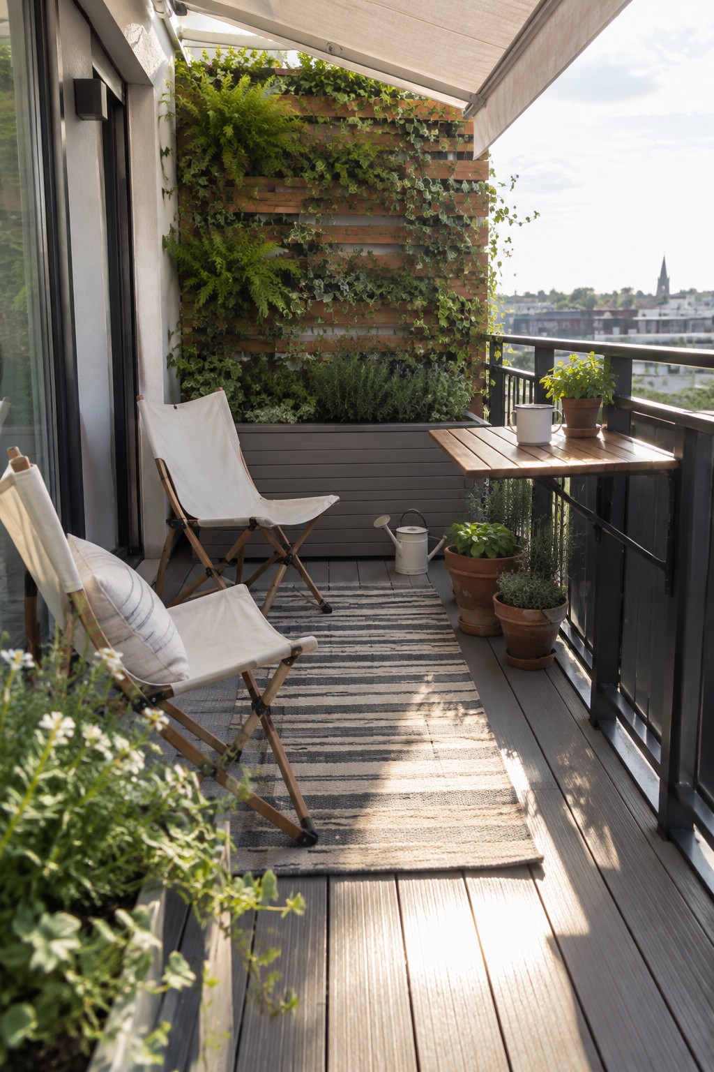 Balcony with two foldable canvas chairs on a striped rug, a small wooden table, potted herbs, and a tall vertical garden wall.