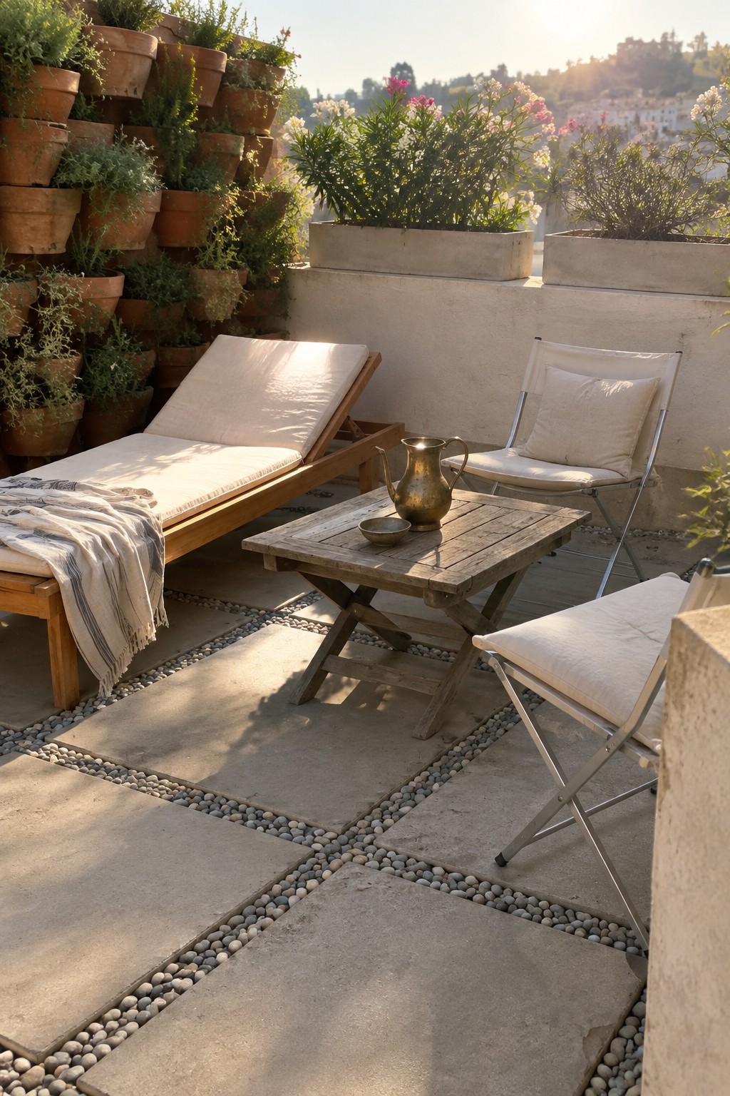 A compact roof terrace features a wooden lounge chair, two metal folding chairs with cushions, a small wooden table, and a wall of stacked terracotta pots filled with plants.