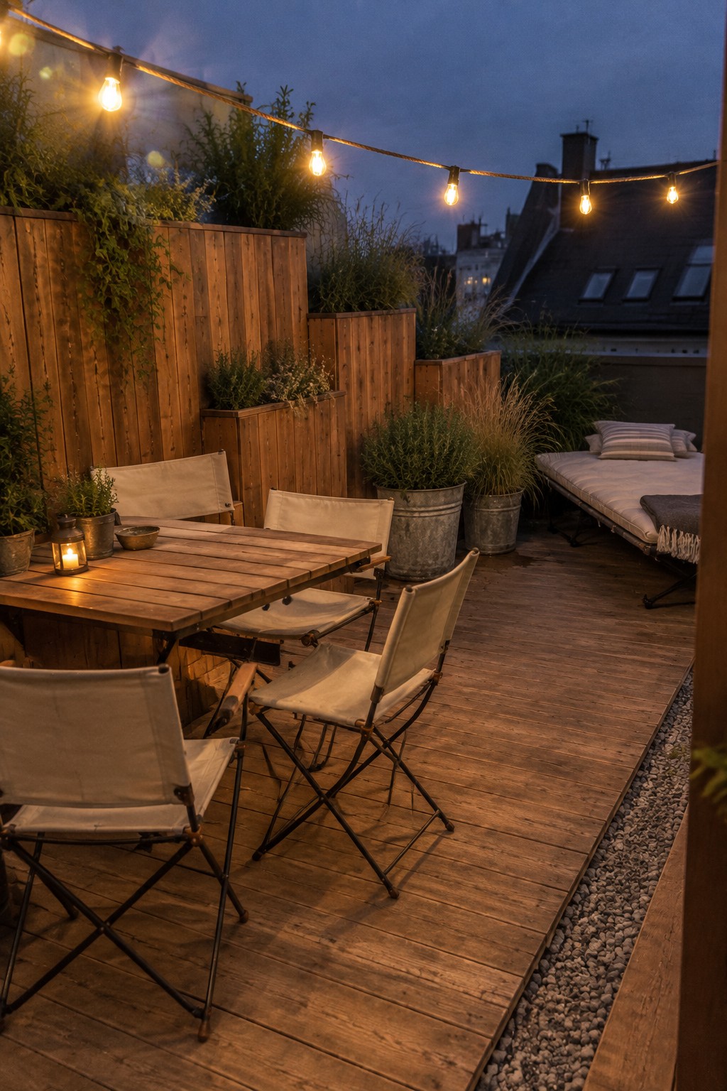 A wooden deck roof terrace at dusk featuring string lights overhead, folding canvas chairs around a wooden table, potted plants in metal containers, raised wooden planters, and a cushioned daybed along the side.