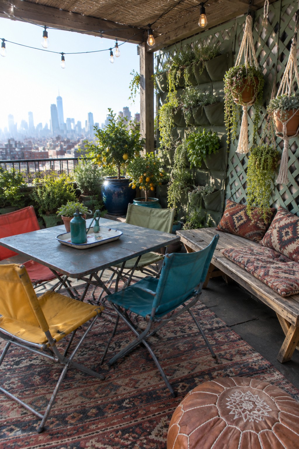 Cozy rooftop patio with colorful chairs, wooden table, plants, and city skyline view.