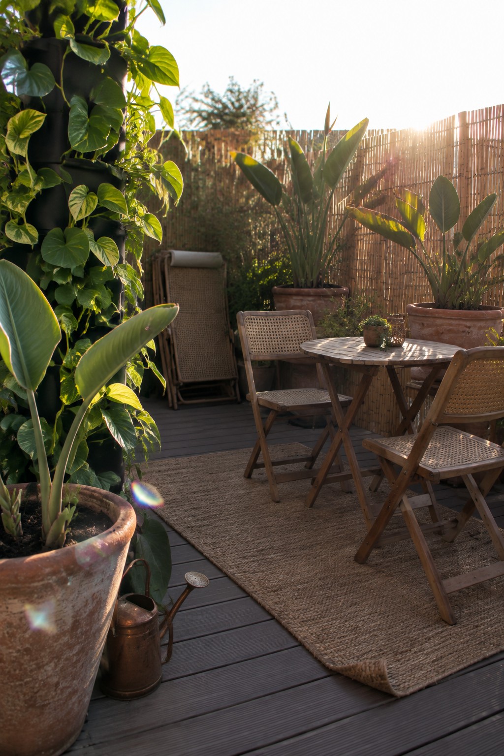 Wooden deck with wicker chairs, round table on rug, potted plants, and bamboo fence at sunset.