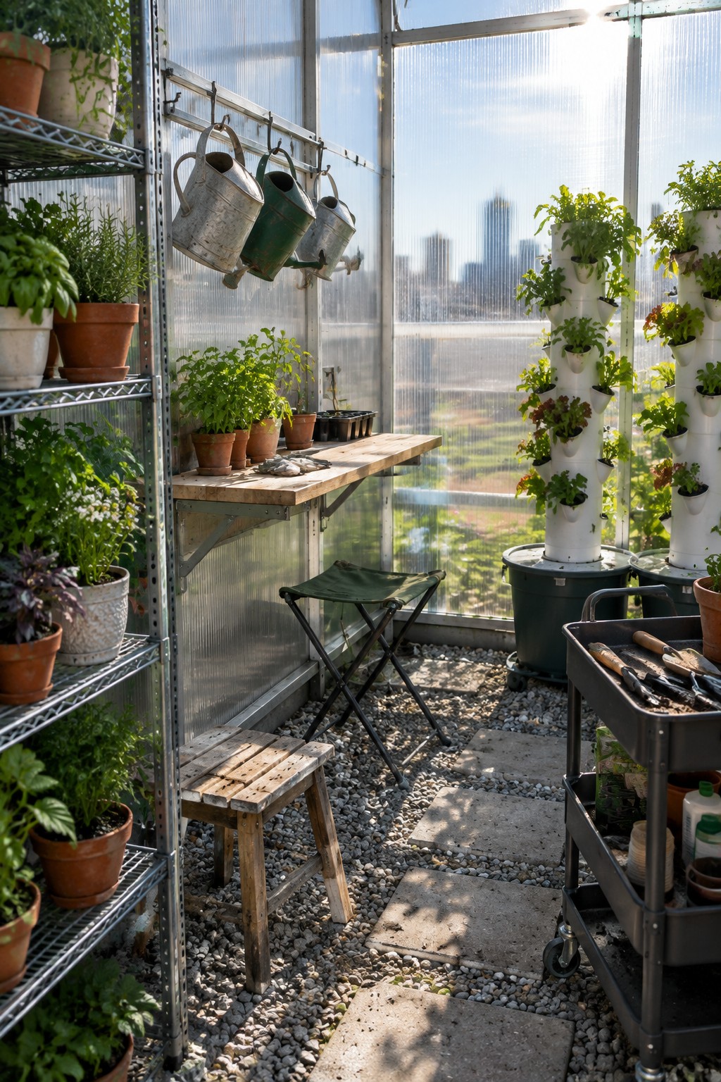 Greenhouse interior with metal shelves of potted plants, hanging watering cans, a wooden fold-down table, green folding stool, vertical pipe planters, tool cart, and gravel floor overlooking a city skyline.