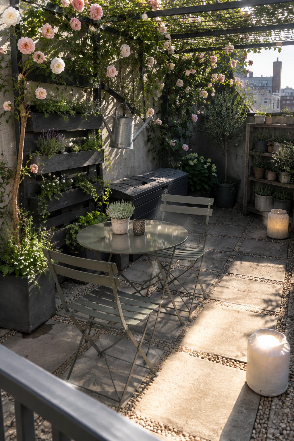 A rooftop patio with a round glass table, two foldable metal chairs, a vertical wooden planter wall covered in roses and herbs, and a pergola with climbing flowers.