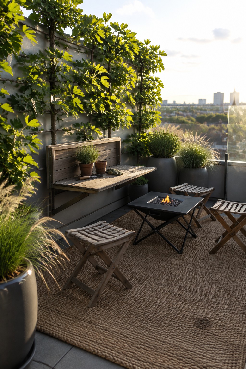 Rooftop terrace with vertical plants on the wall, fold-down wooden table, foldable wooden stools, fire pit on a woven rug, and large planters overlooking a city skyline.