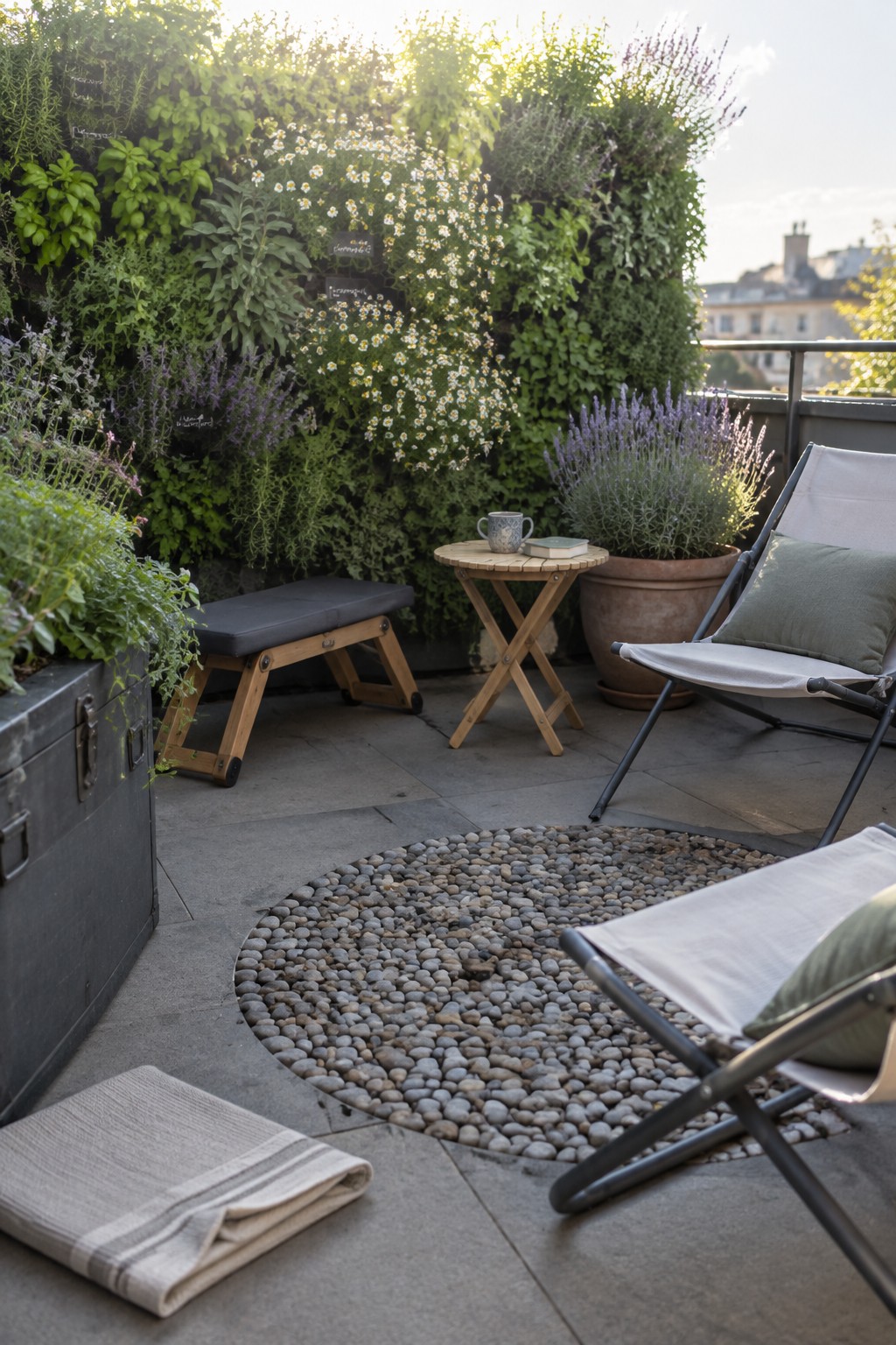 A compact rooftop terrace with a vertical living wall of herbs and flowers, two folding lounge chairs with green cushions, a small round wooden table, a round pebble mat, and a wooden bench on stone tiles.