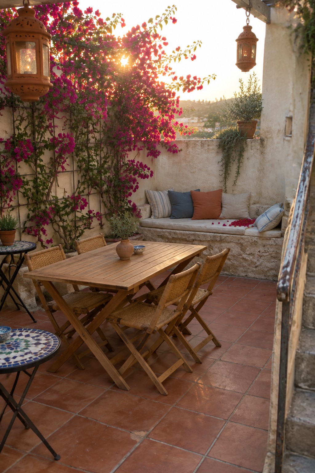 A small rooftop terrace with a wooden folding table and chairs, a cushioned built-in bench, and pink bougainvillea climbing a trellis on the wall.