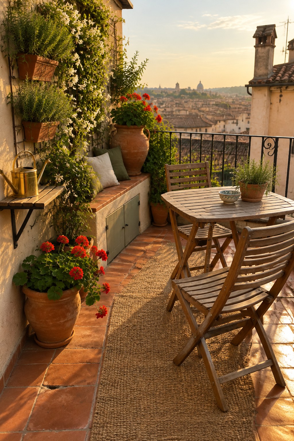 A rooftop terrace with terracotta flooring, a wooden folding table and chairs on a woven rug, potted red geraniums, a built-in bench with cushions, and climbing plants on the wall overlooking a city at sunset.