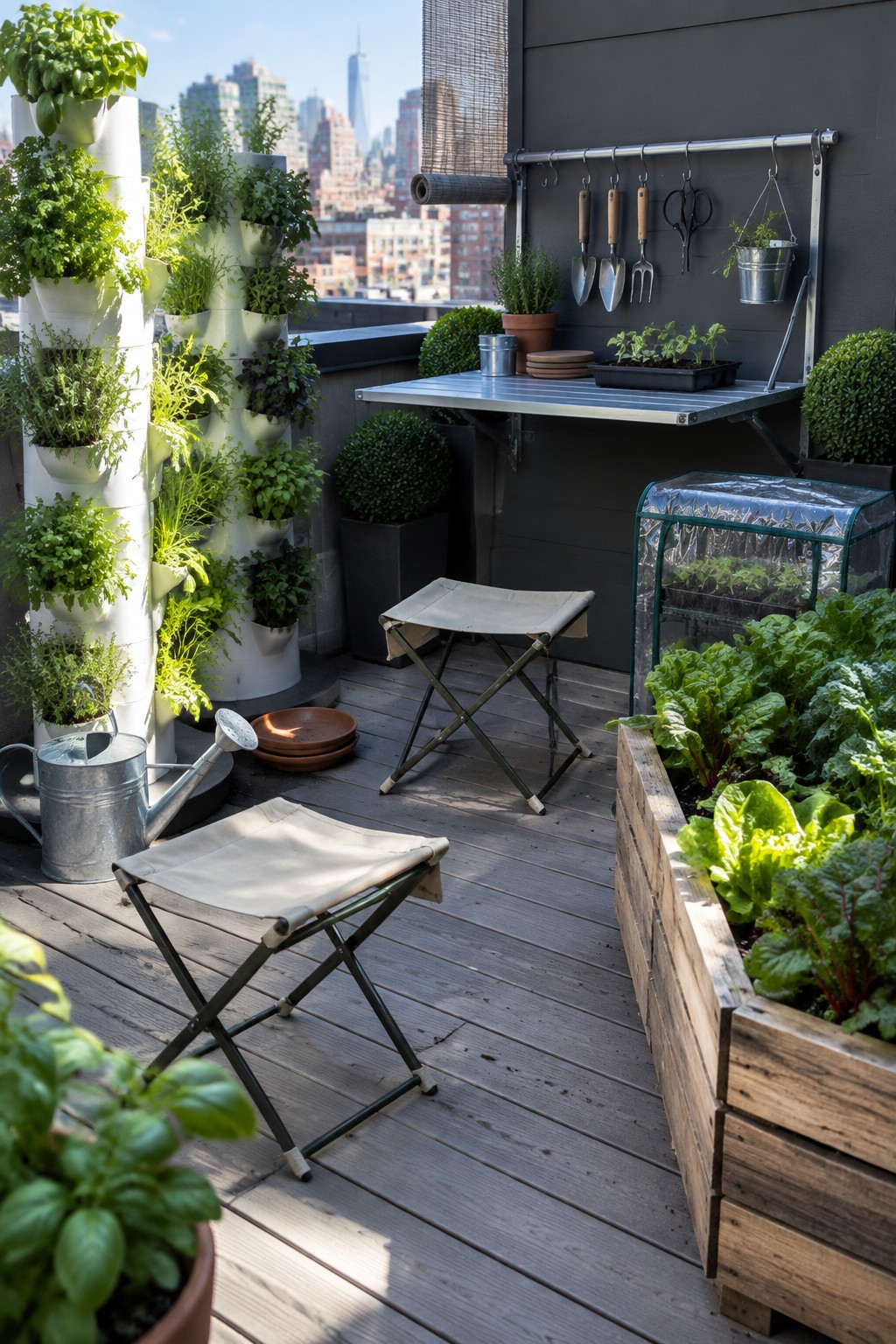 A rooftop terrace with tall white vertical planters on the left, two foldable canvas stools, a wooden raised bed on the right, and a wall-mounted tool rack above a folding table.
