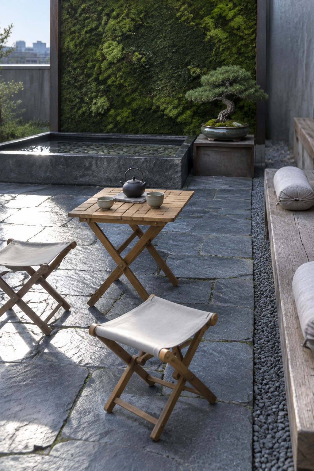 A compact rooftop patio with gray stone tiles, a wooden folding table with a teapot and two cups, two folding canvas stools, a vertical moss wall, a water basin, and a bonsai on a concrete stand.