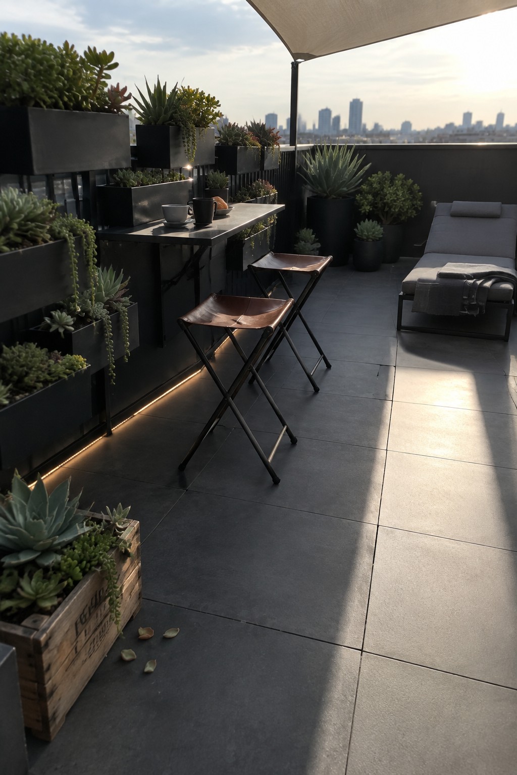 Modern rooftop terrace with leather stools, succulent planters, lounge chair, and city skyline.