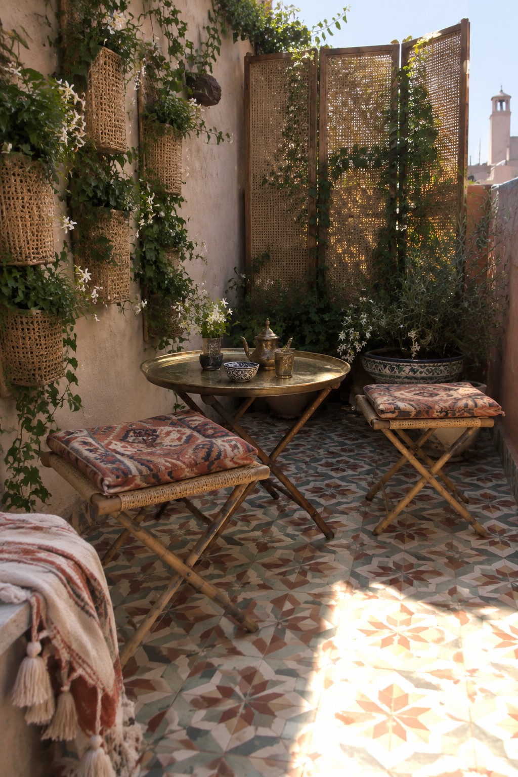 A small outdoor terrace with patterned tile flooring, two foldable bamboo stools with cushions, a round metal table, and green plants in wall-mounted woven baskets and large pots.