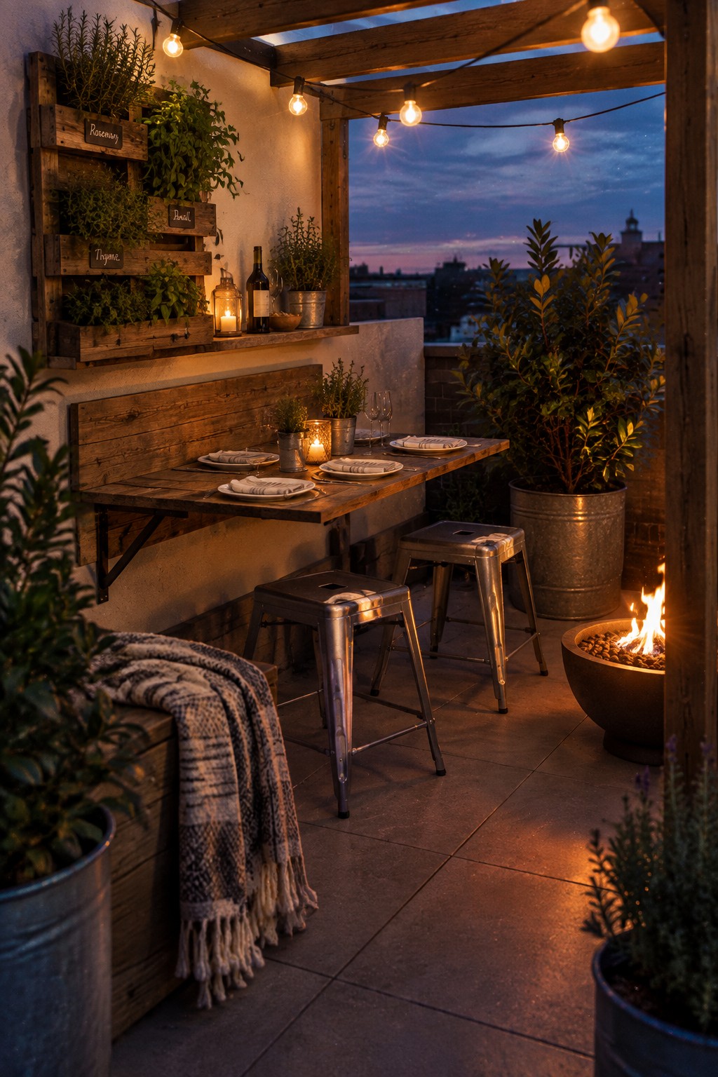 Rooftop terrace with a wall-mounted wooden dining table, metal stools, vertical wooden herb planters on the wall, potted plants, string lights, and a fire pit at dusk.