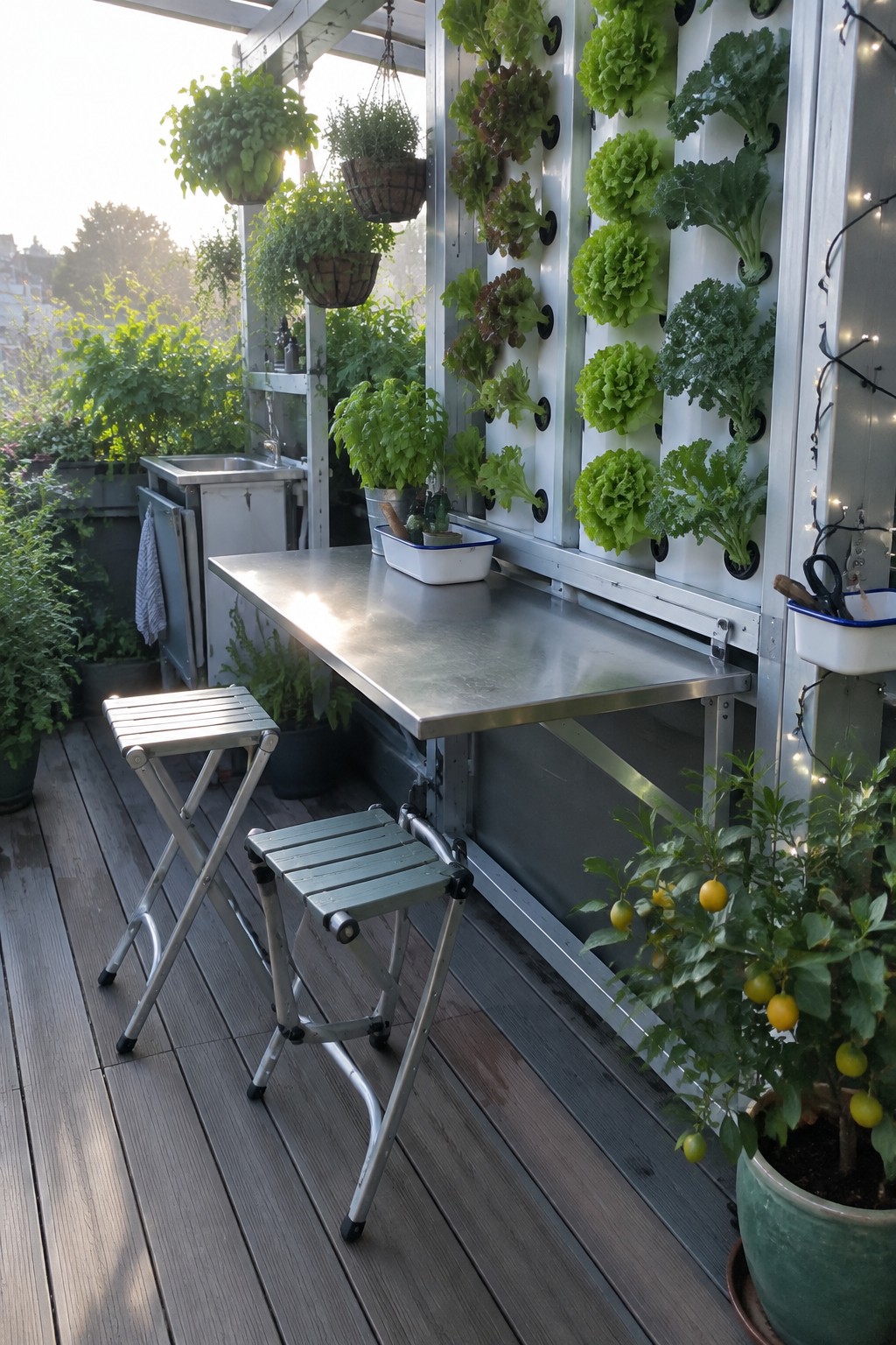 A compact roof terrace with a stainless steel fold-down table, two folding stools, vertical wall planters growing lettuce and kale, and a potted tomato plant on the deck.
