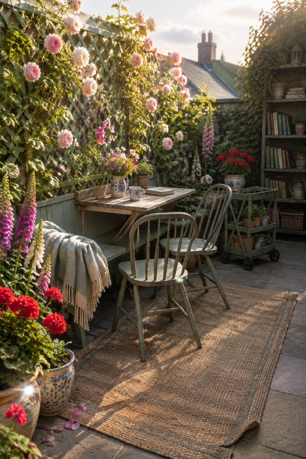A wooden drop-leaf table with two green wooden chairs on a woven rug sits in front of a lattice trellis covered in pink and white roses, surrounded by potted flowers on a stone patio.