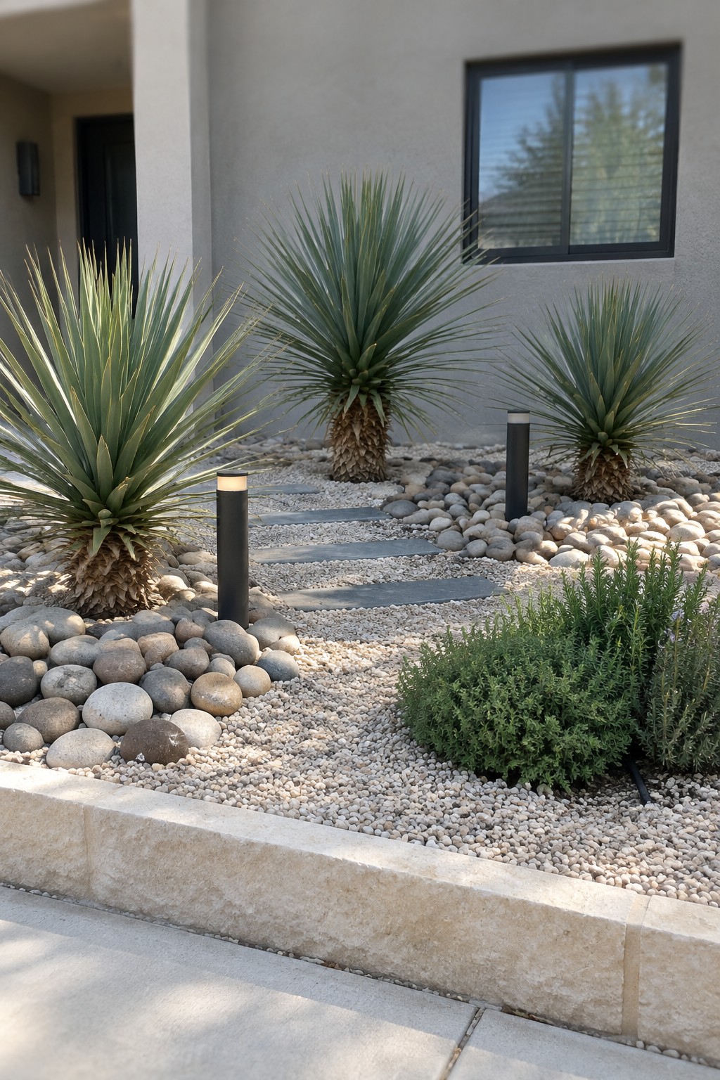 A contemporary front yard with yucca plants in beds of light gravel and river rocks, a flat stone path, and black cylindrical light posts.