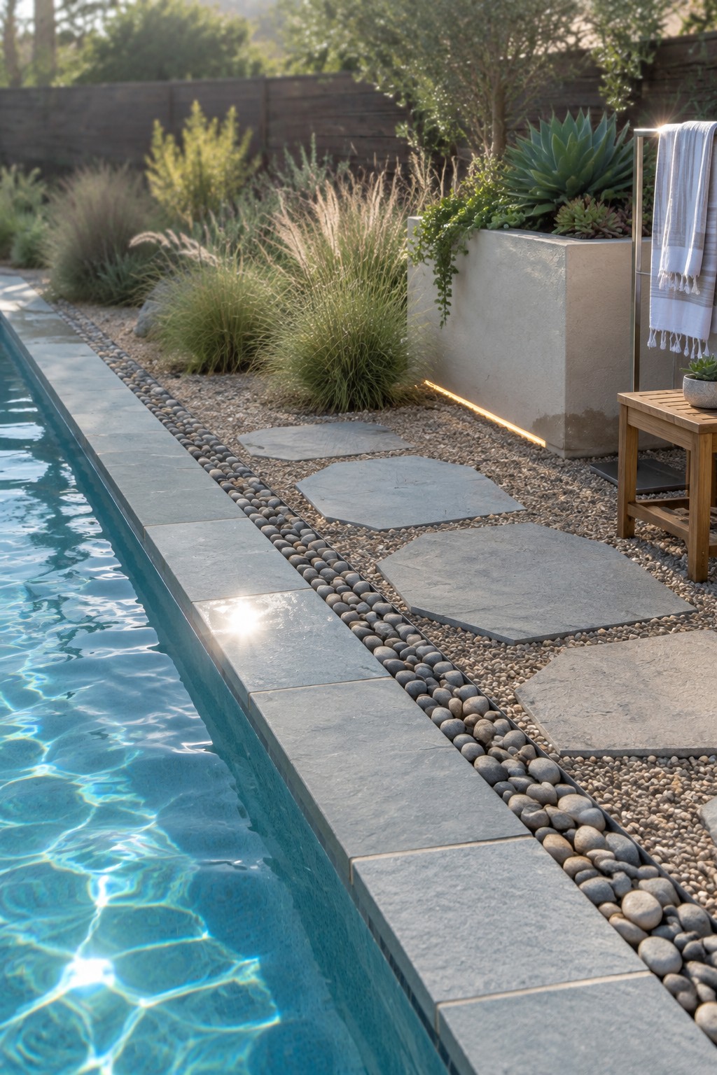 Swimming pool with blue water beside pebble border, stepping stones, and garden plants.