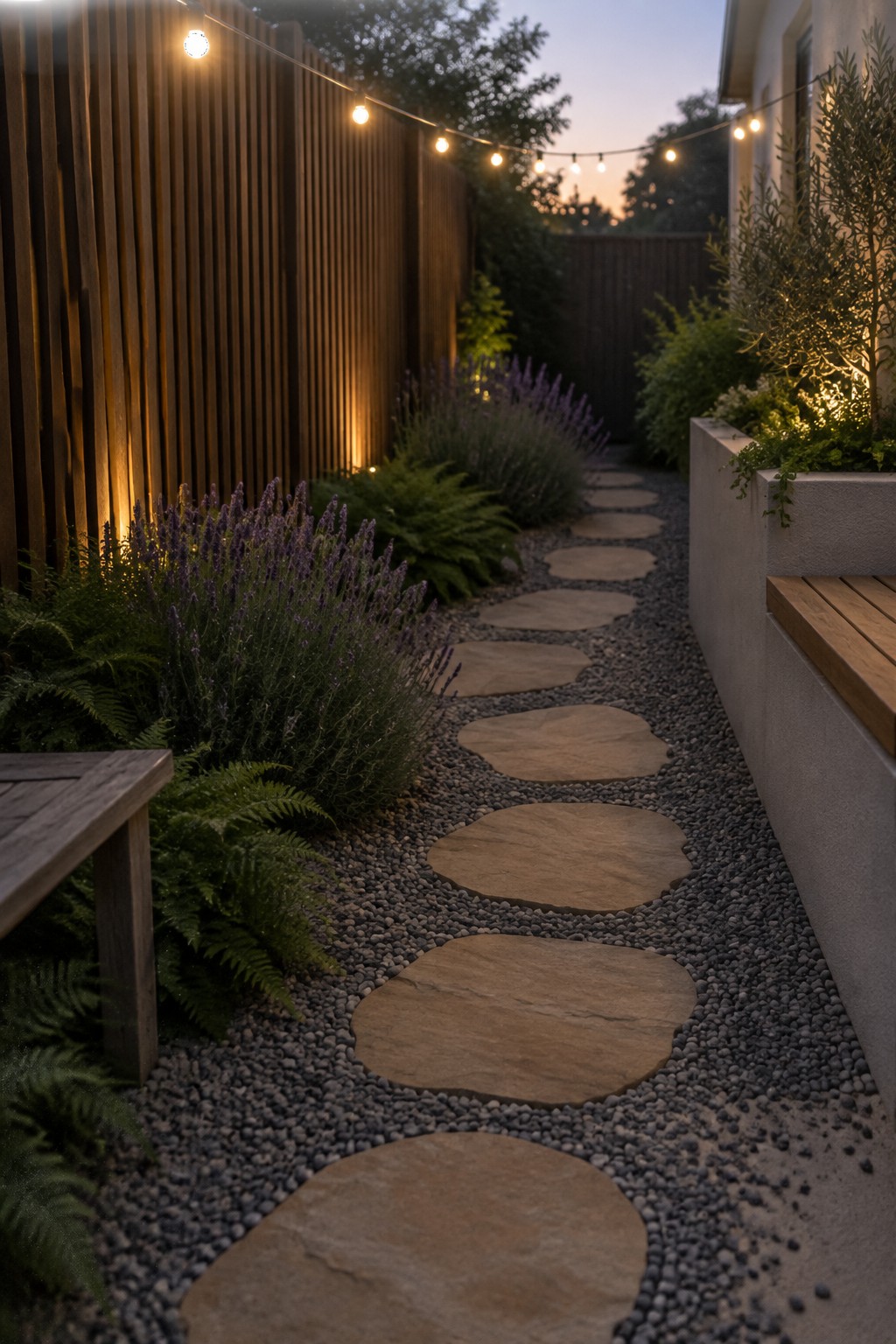 Twilight garden path with stepping stones, ferns, lavender, and glowing string lights