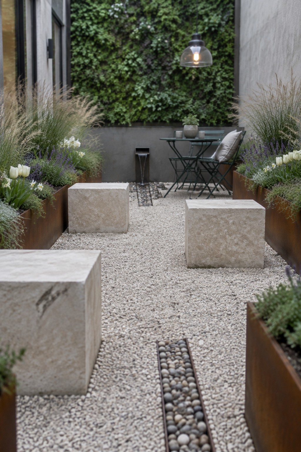 Gravel courtyard with large rectangular stone blocks placed as seating, metal planters along both sides, and a linear pebble drainage channel running through the center.