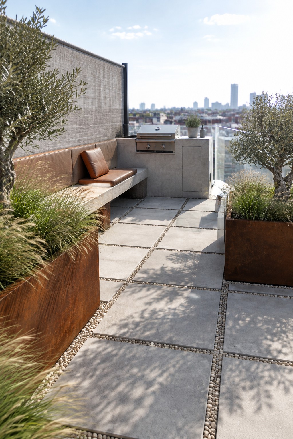 Modern rooftop terrace with built-in grill, leather bench, rust planters, and city skyline.