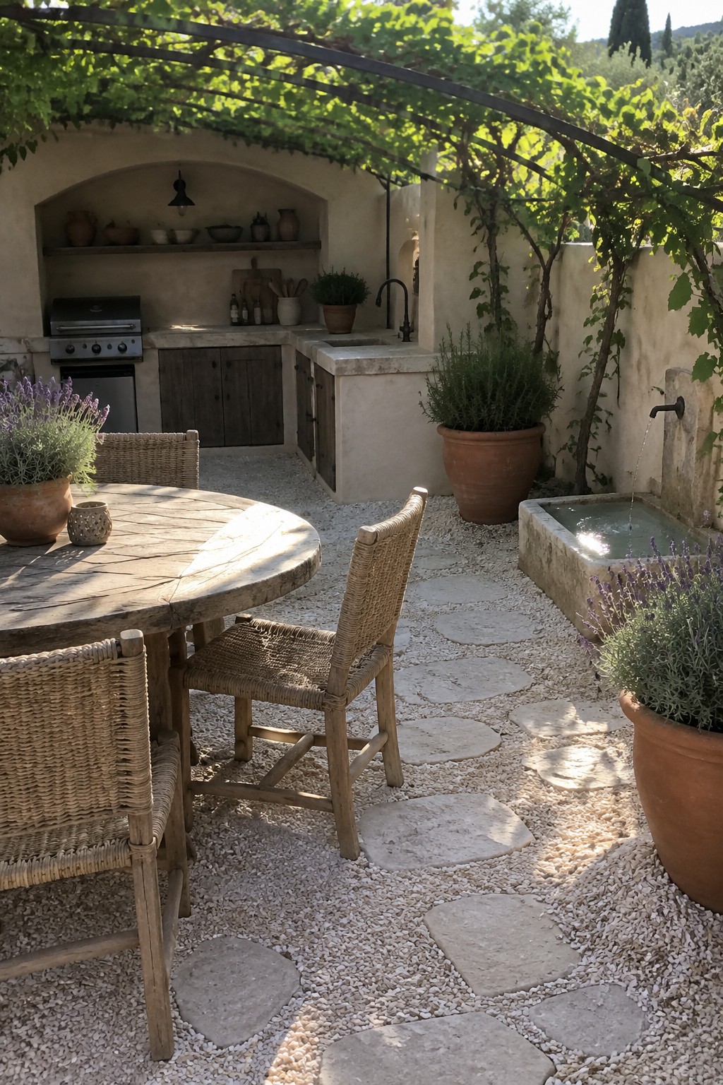 An outdoor patio with gravel ground cover, irregular stone pavers forming a path, a round wooden table with woven chairs, an outdoor kitchen under a vine-covered pergola, and several terracotta pots with plants.