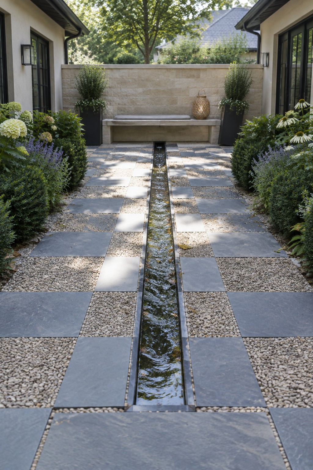 Linear water channel through stone-gravel courtyard lined with lush plants and flowers