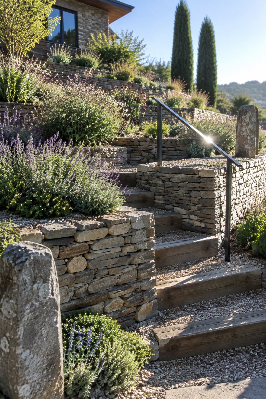 Wooden stairs with black railing climb past stone walls and blooming lavender in sunny garden.
