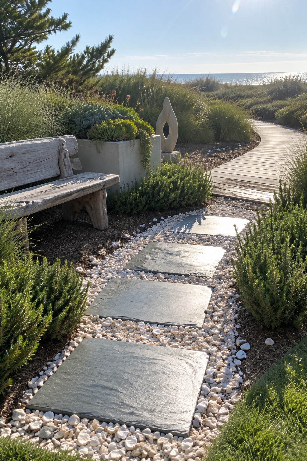 A winding garden path made of large gray stone slabs set into white gravel, with green shrubs and a wooden boardwalk visible nearby.