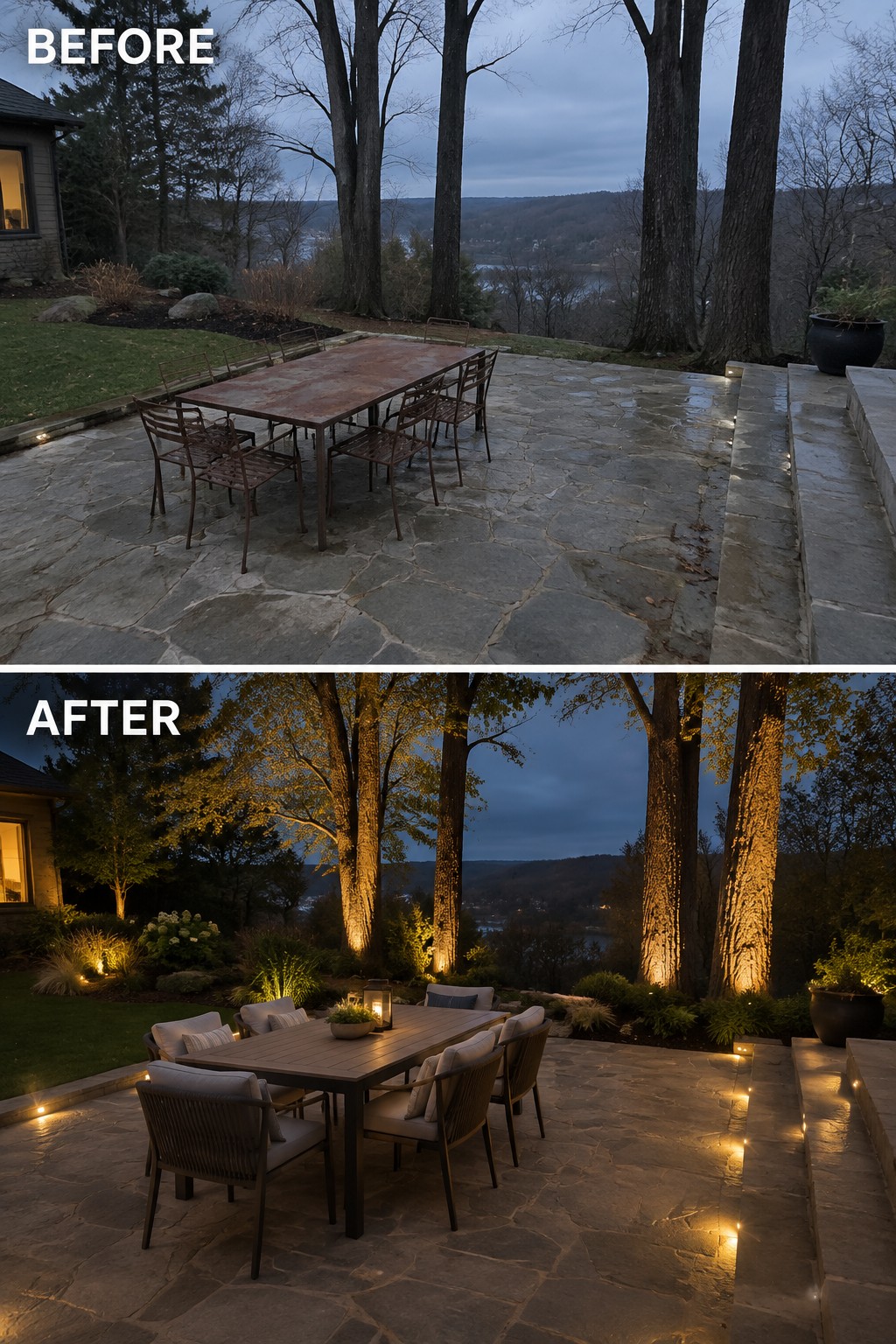 Before and after backyard movie setup with projector screen, pillows, and string lights.